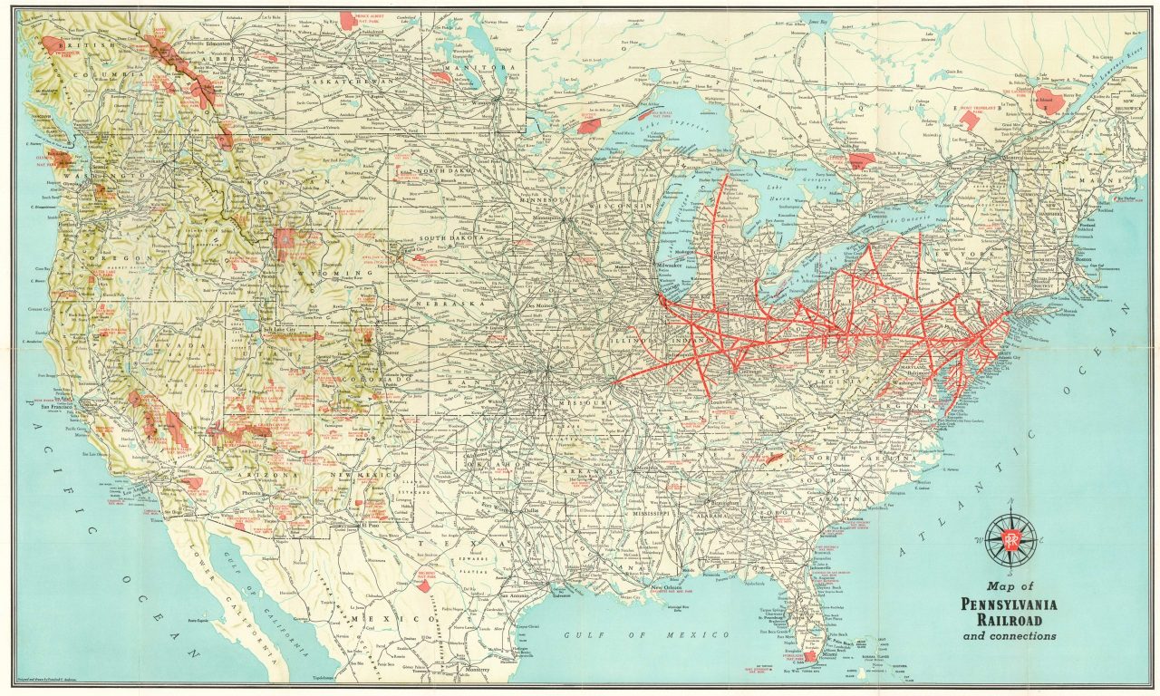 Map of Pennsylvania Railroad and connections Curtis Wright Maps