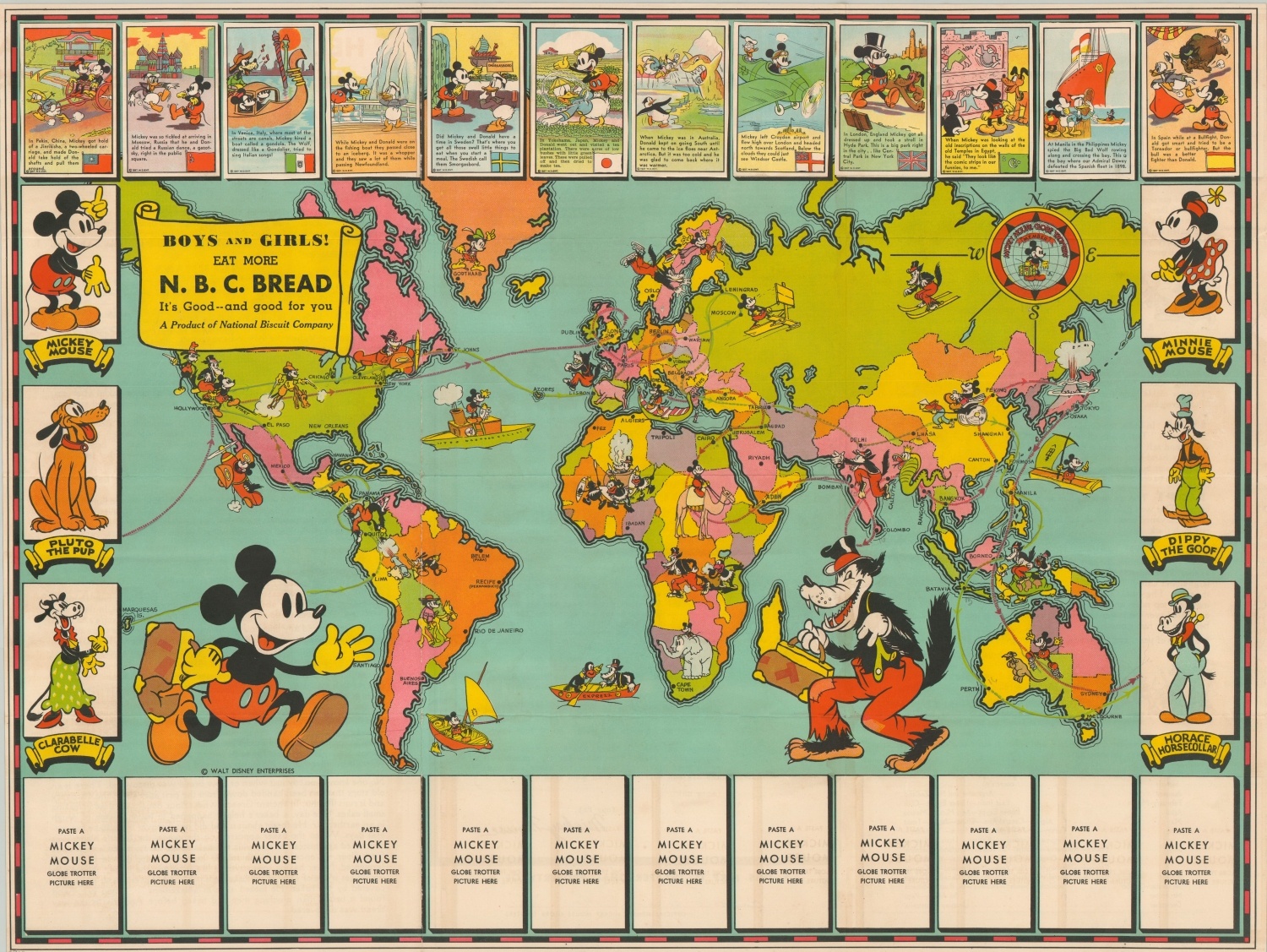 BOYS AND GIRLS! EAT MORE N.B.C. BREAD [MICKY MOUSE GLOBETROTTER MAP]