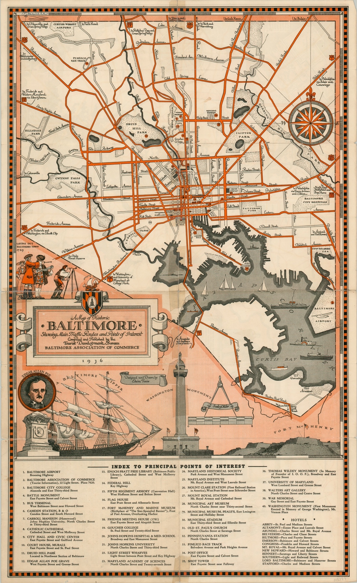 Original 1936 Pictorial Map of Historic BALTIMORE Maryland 